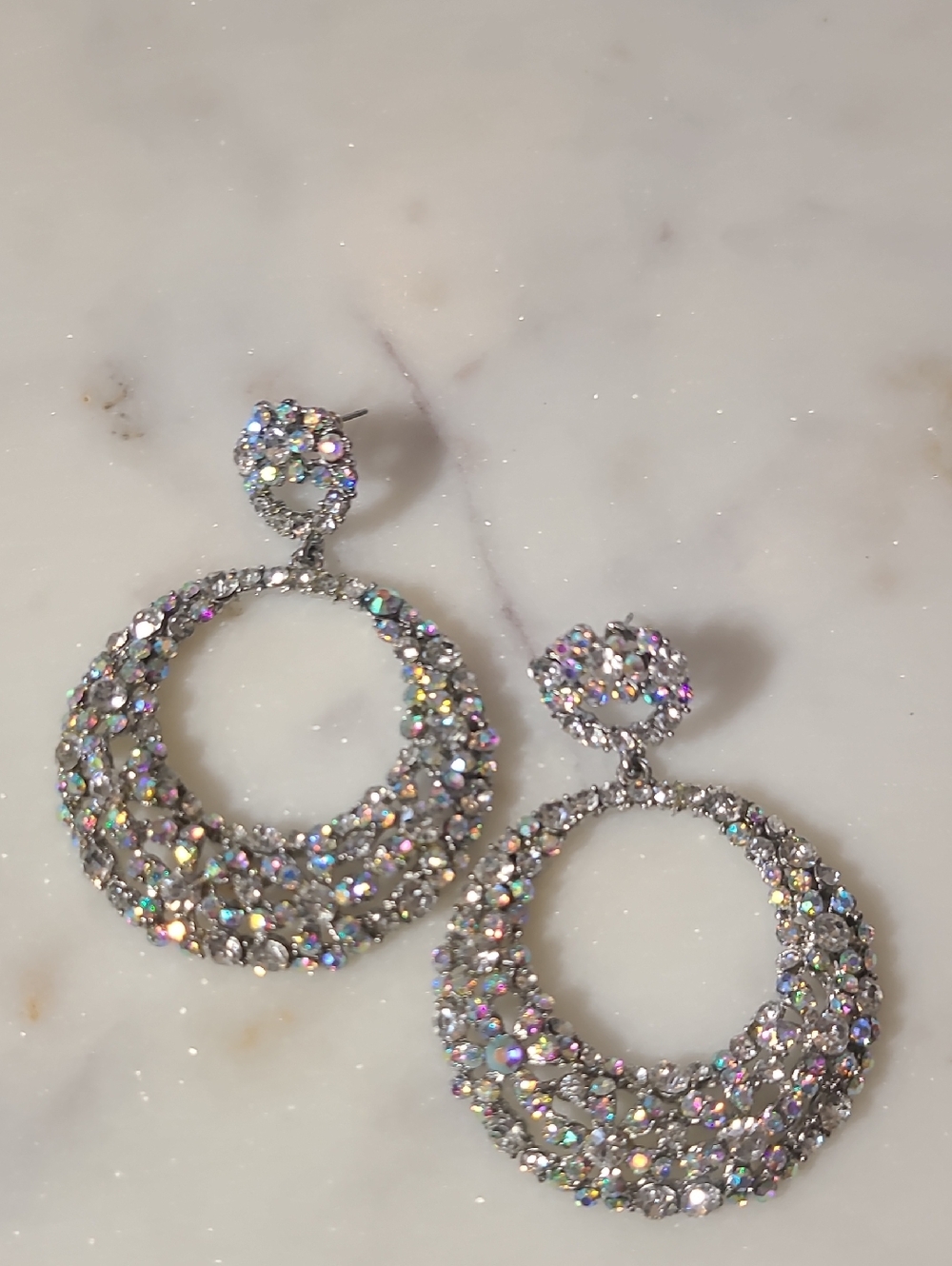 Iridescent Crystal Pavé Silver Hoop Drop Earrings